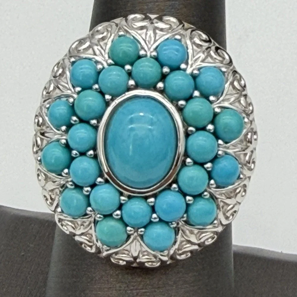 Vtg Sterling Silver Turquoise Cluster Ring QVC Affinity Statement Heavy Sz7